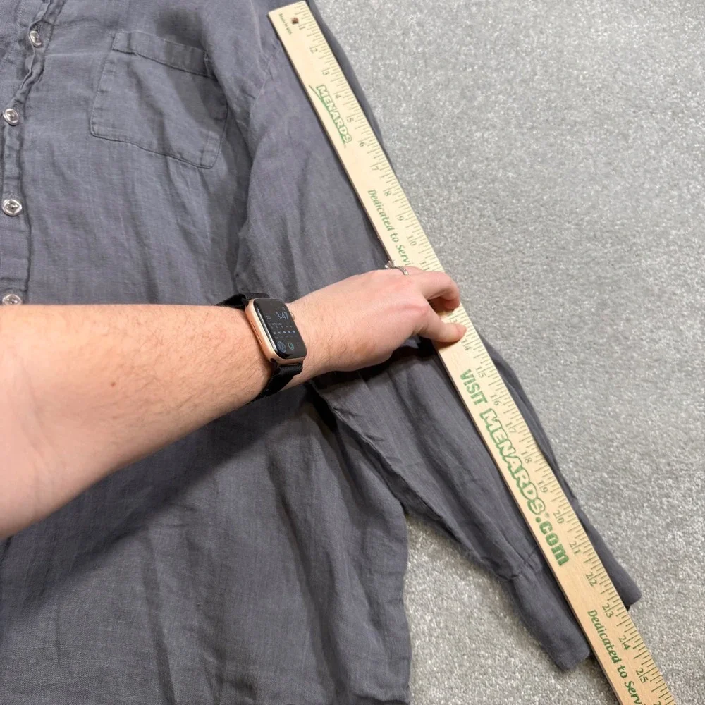 FLAX Linen Button Down Shirt Ruffle Collar Charcoal Gray Oversized L Lagenlook - Picture 9 of 11